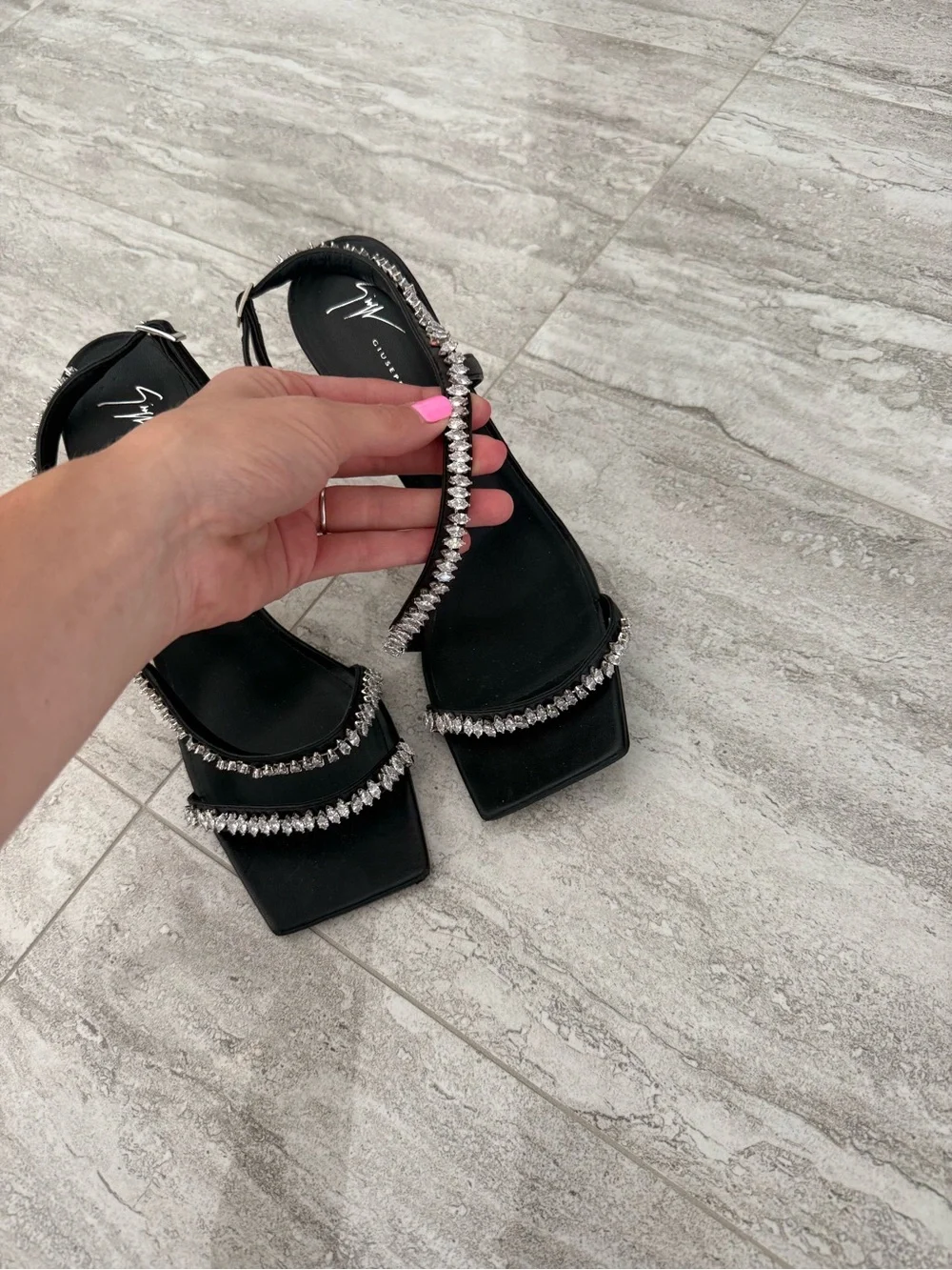 Giuseppe Zanotti Black Crystal-Trim Square Toe Slingback Heels